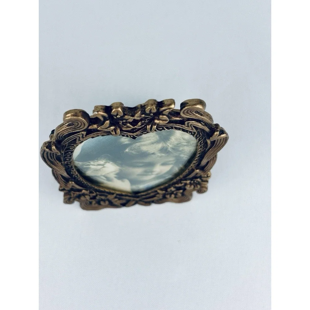 Ornate Vintage Bronze Metal Miniature Heart Floral Scroll Picture Frame